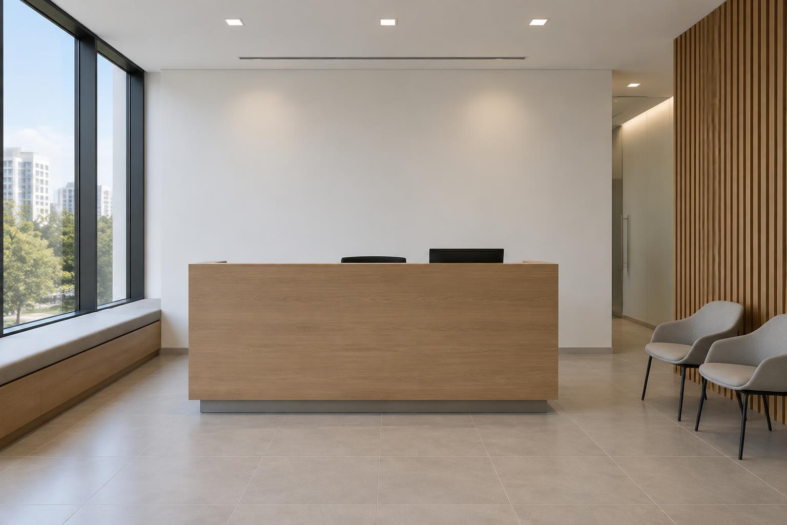 Recepção corporativa antes: balcão de madeira, paredes claras, luz fria e poucos elementos decorativos